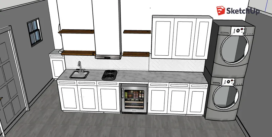 3D rendering of a kitchen with open shelving and stacked laundry