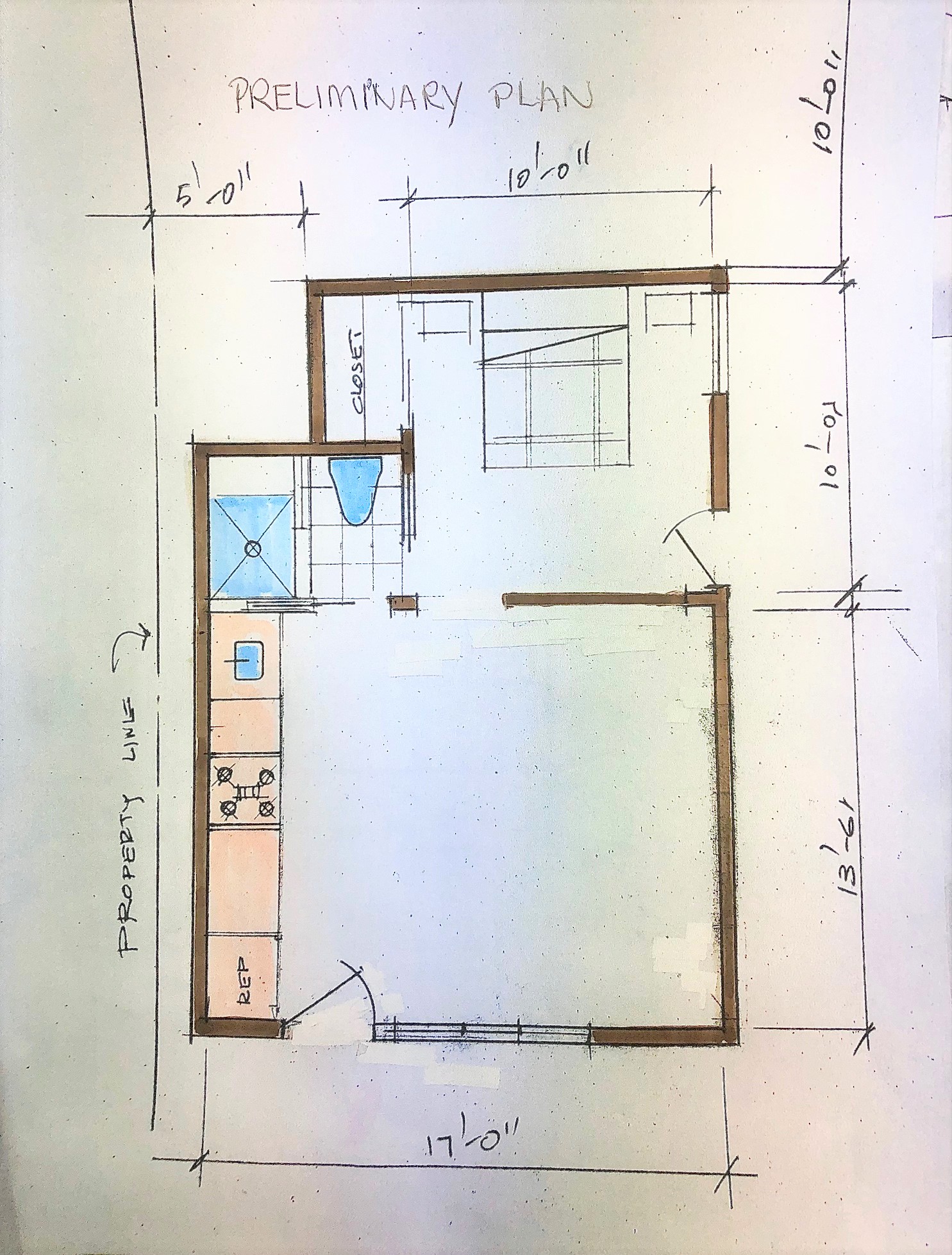 Hand drawn preliminary floor plan of the garage conversion